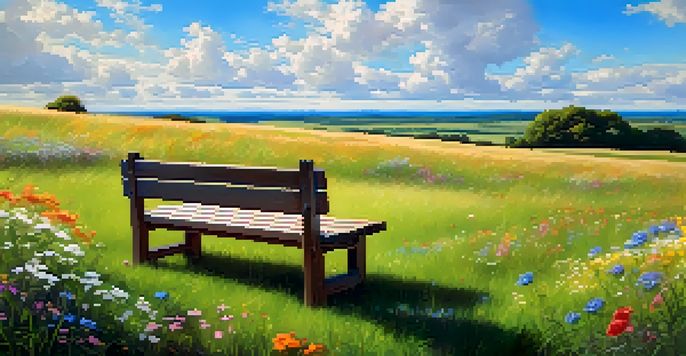 A peaceful landscape with a green field, a wooden bench, and wildflowers under a blue sky.