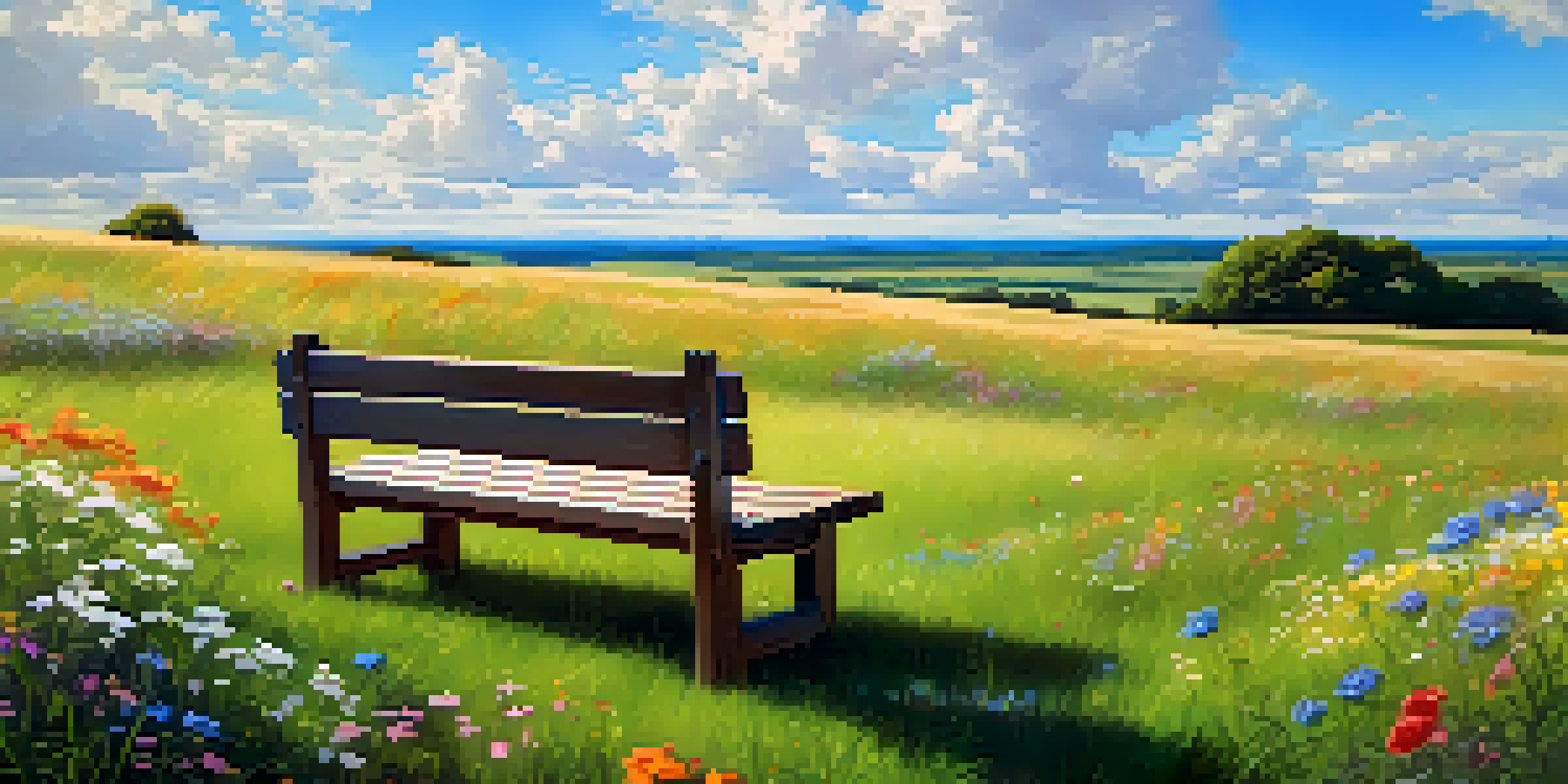 A peaceful landscape with a green field, a wooden bench, and wildflowers under a blue sky.