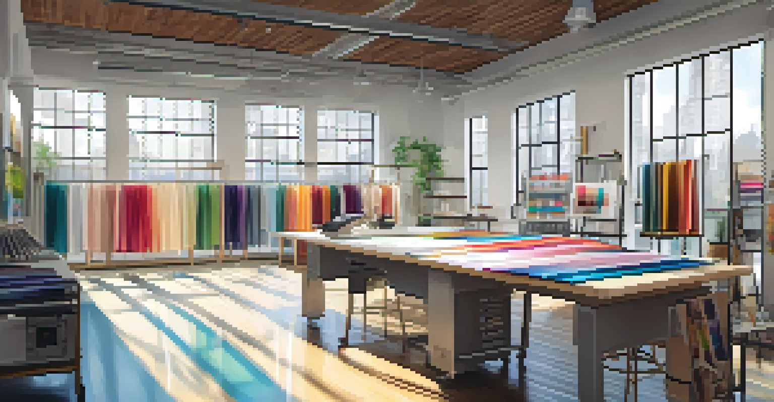 Designers working in a sustainable fashion studio with water-saving technologies and colorful fabrics.