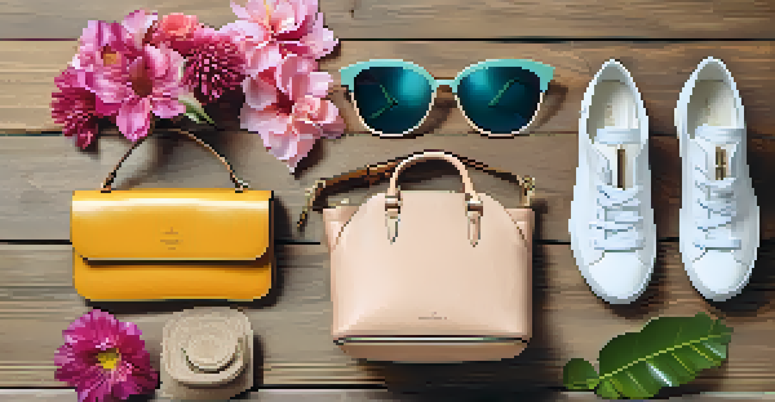 A stylish flat lay arrangement of trendy fashion accessories and clothing items on a textured wooden surface, complemented by natural elements.