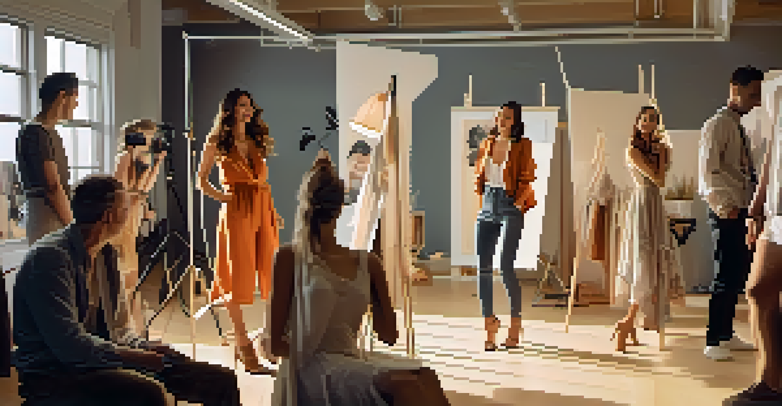 A behind-the-scenes view of a fashion photoshoot in a studio, with models and photographers interacting and adjusting outfits.