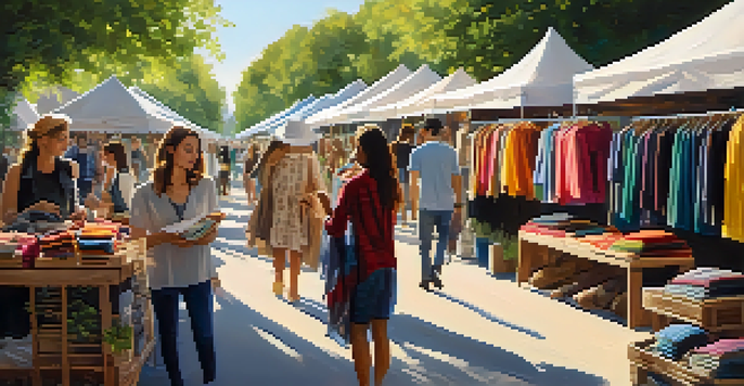 An outdoor market with eco-friendly fashion items, colorful organic fabrics, and shoppers interacting under sunlight.