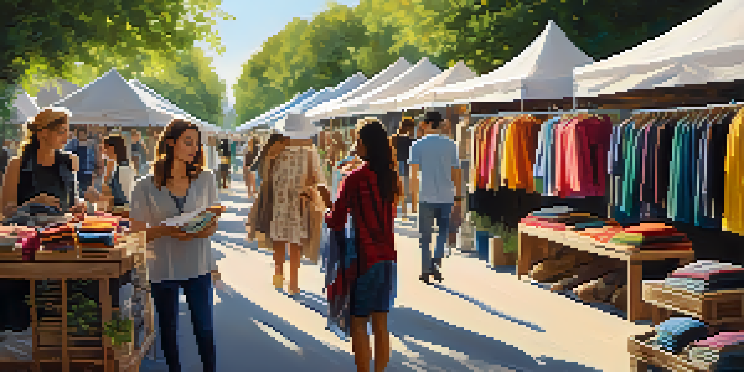 An outdoor market with eco-friendly fashion items, colorful organic fabrics, and shoppers interacting under sunlight.