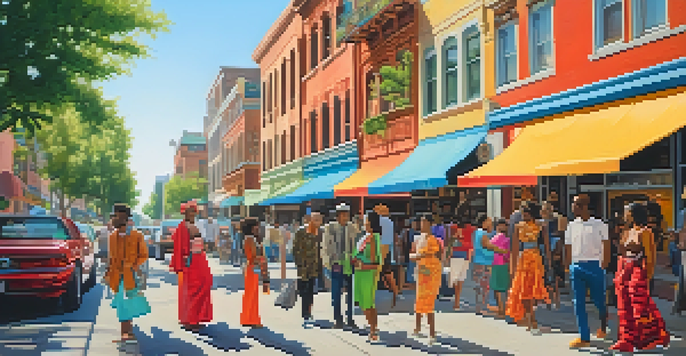 A lively urban street scene with diverse individuals in colorful outfits, reflecting their unique identities, surrounded by murals and greenery.