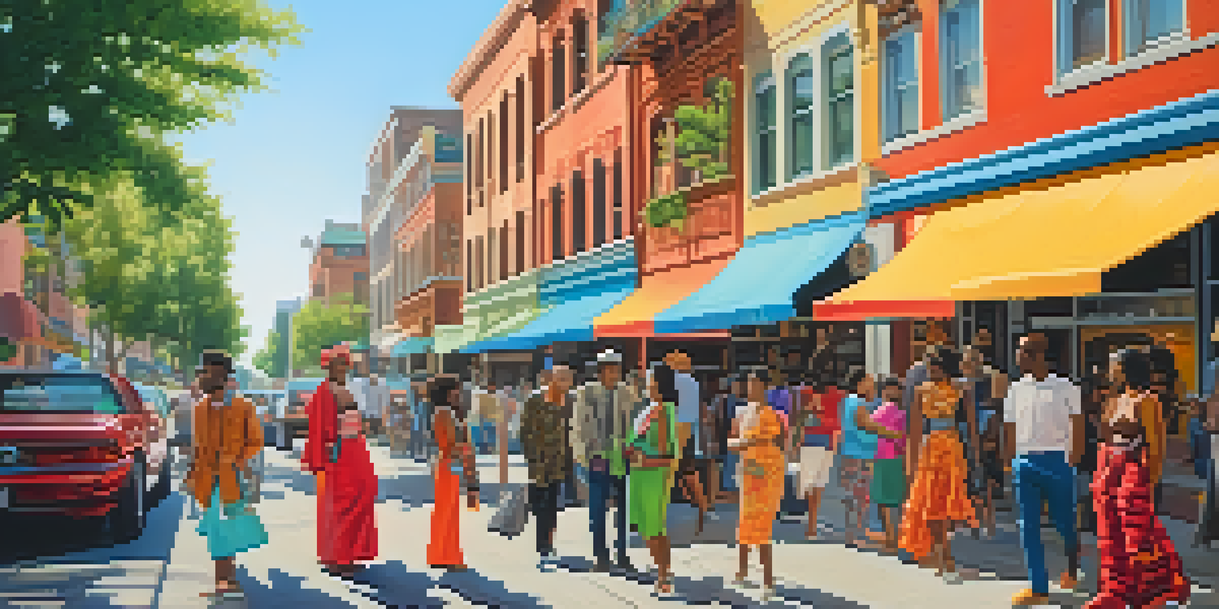 A lively urban street scene with diverse individuals in colorful outfits, reflecting their unique identities, surrounded by murals and greenery.