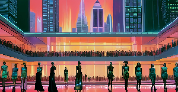A futuristic fashion show with models in tech-infused clothing on a glowing runway against a modern city skyline at dusk.