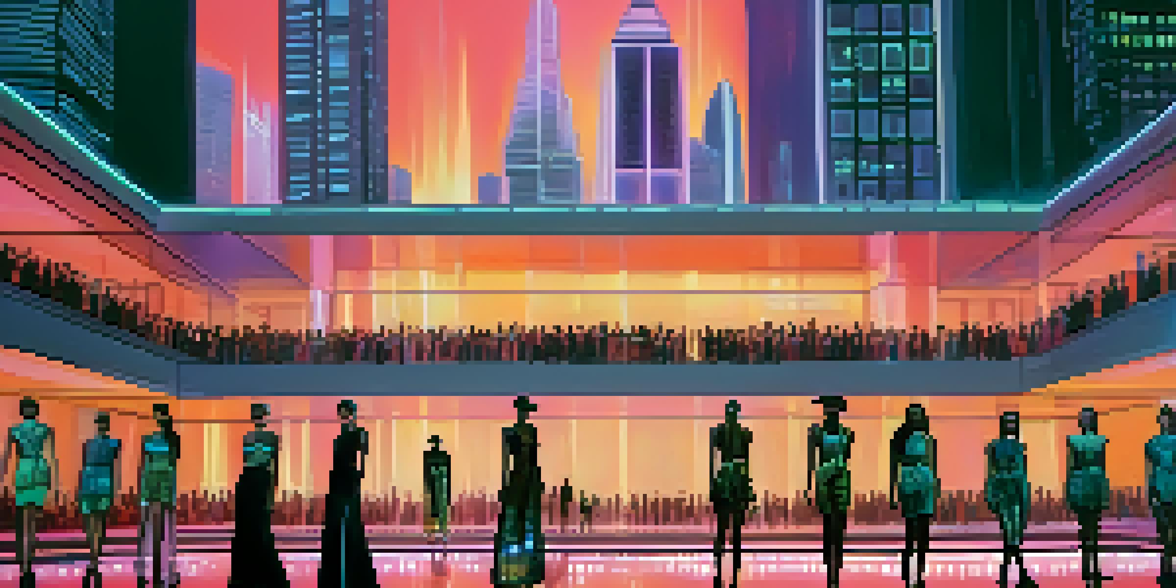 A futuristic fashion show with models in tech-infused clothing on a glowing runway against a modern city skyline at dusk.