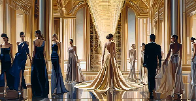 A fashion runway inspired by the Eiffel Tower, featuring models in elegant evening wear under soft golden lighting.