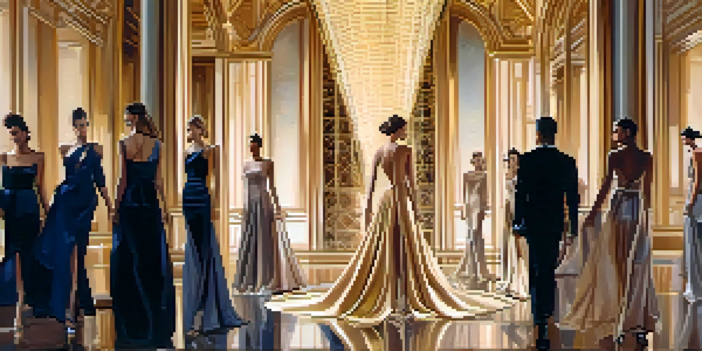 A fashion runway inspired by the Eiffel Tower, featuring models in elegant evening wear under soft golden lighting.