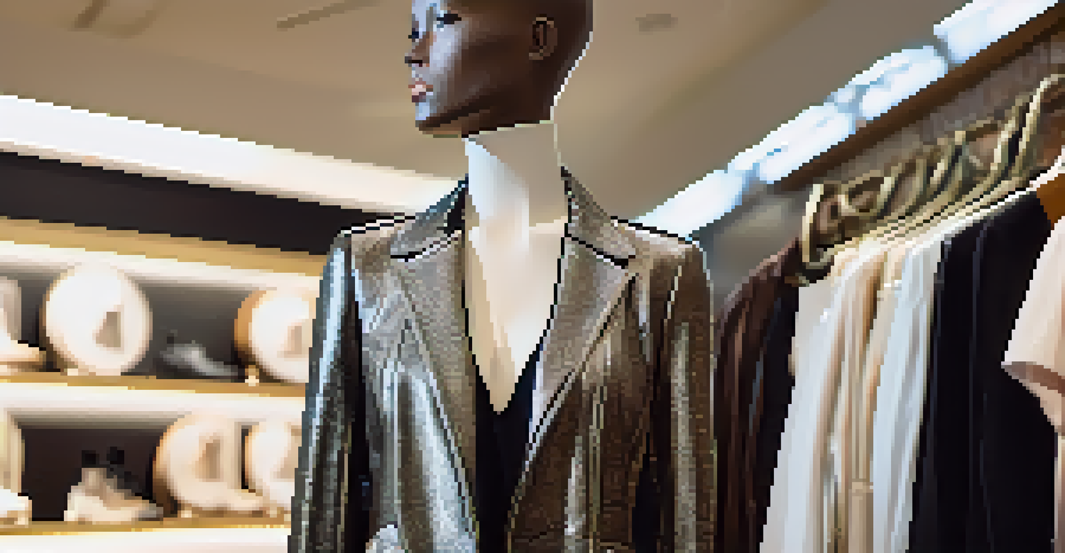 A close-up of a gender-neutral outfit on a mannequin, showcasing various textures in a stylish boutique setting.