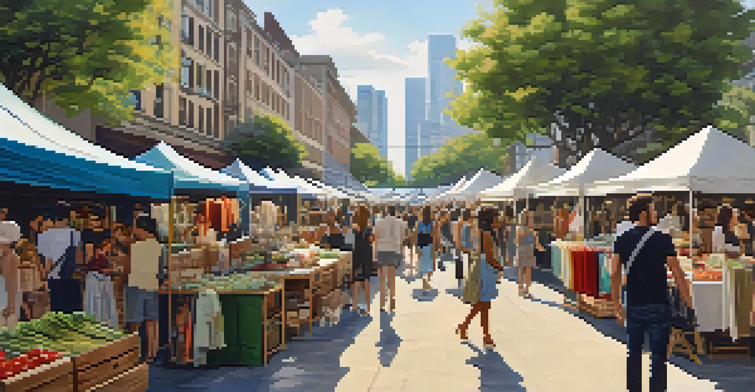 An outdoor market with stalls of unique upcycled fashion items and shoppers exploring garments made from reclaimed textiles, set against a city backdrop.