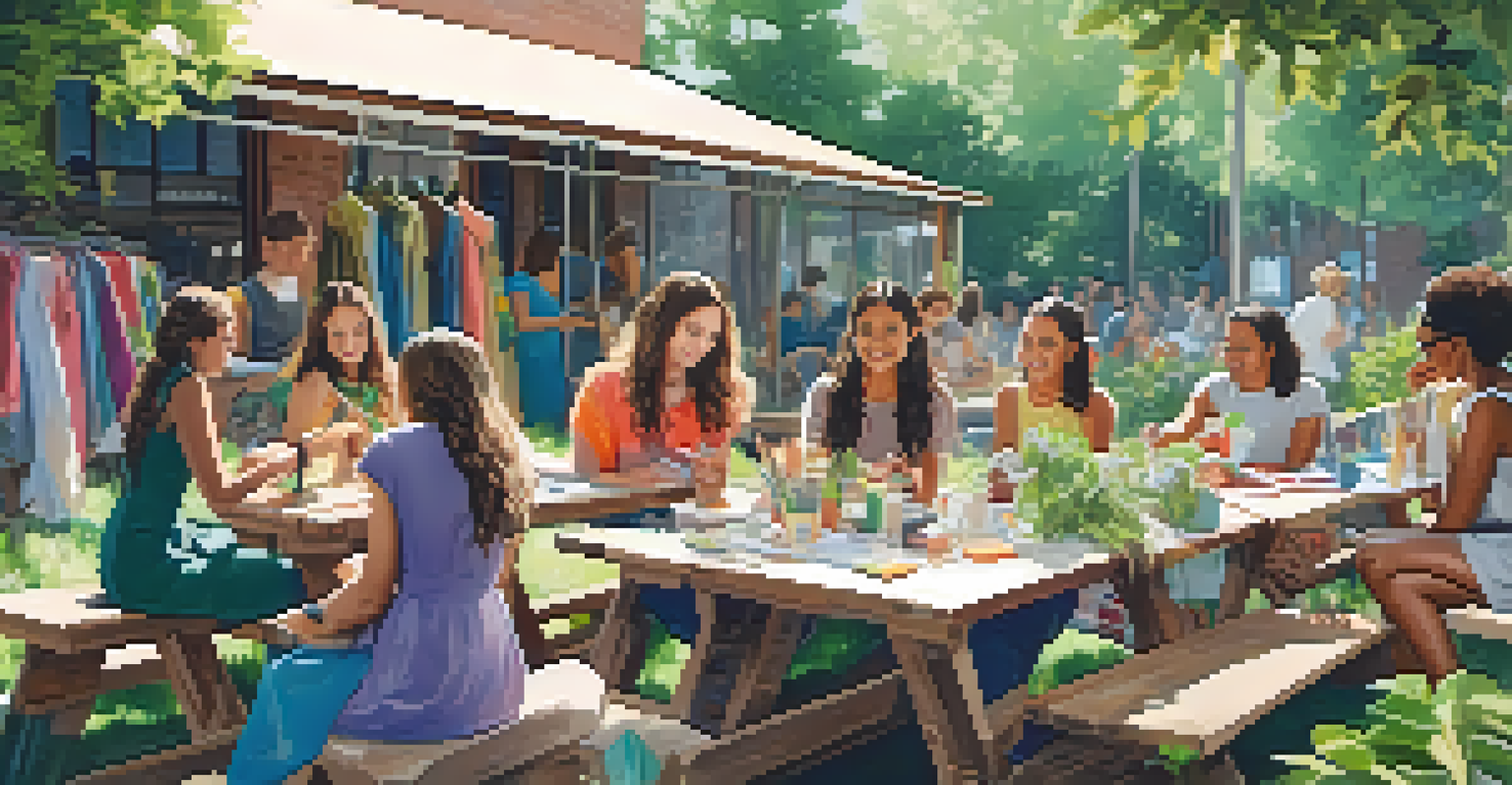 A group of young people participating in a sustainable fashion event outdoors, upcycling clothes amid a vibrant natural setting.