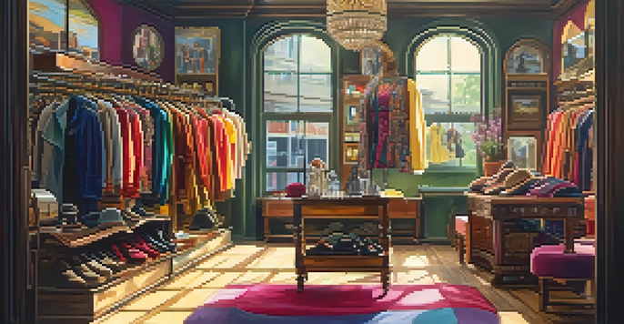 A cozy vintage clothing shop filled with colorful retro outfits and accessories, illuminated by warm sunlight.