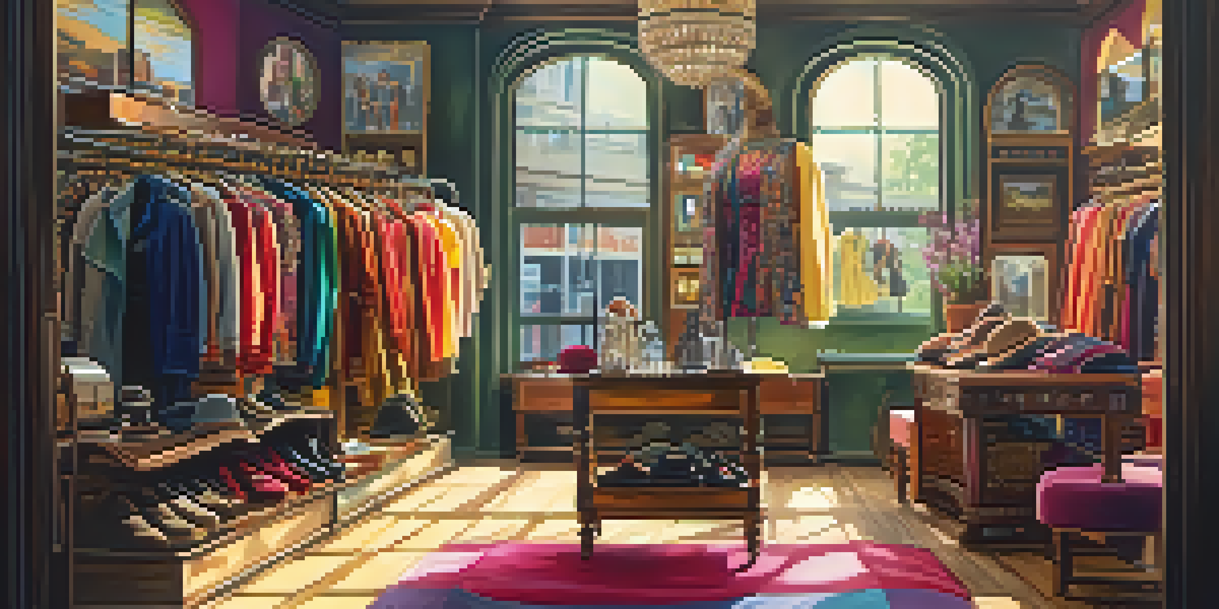 A cozy vintage clothing shop filled with colorful retro outfits and accessories, illuminated by warm sunlight.