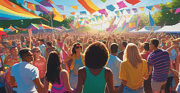 A lively outdoor music festival with diverse attendees dancing in colorful outfits, adorned with electronic music decorations under bright sunlight.