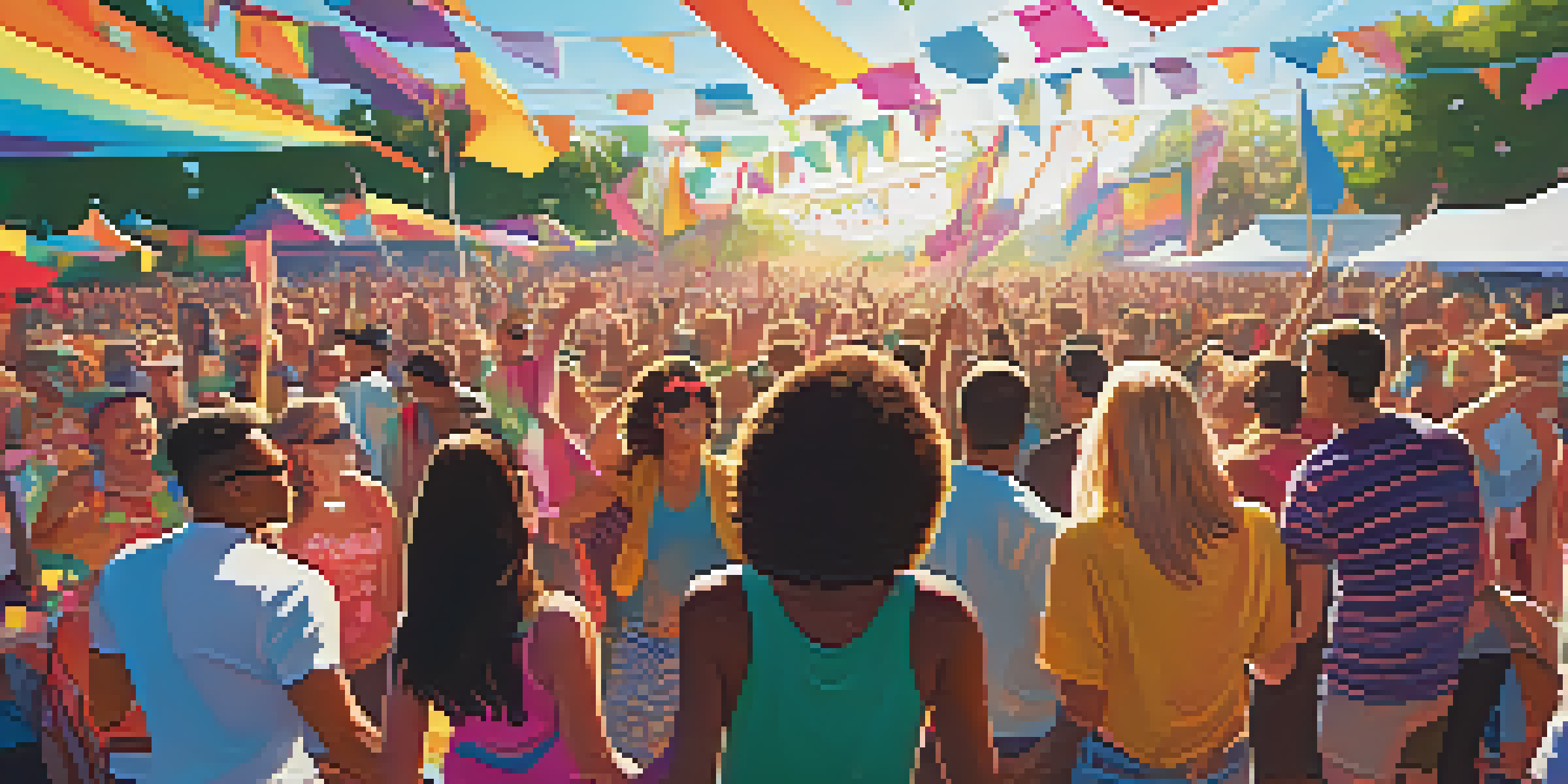 A lively outdoor music festival with diverse attendees dancing in colorful outfits, adorned with electronic music decorations under bright sunlight.