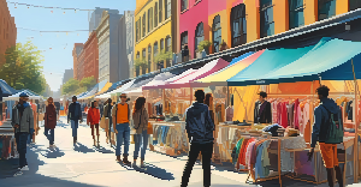An outdoor fashion pop-up shop with colorful tents and shoppers browsing through clothing in a lively urban environment.