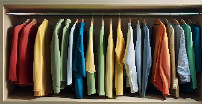 A close-up of a colorful wardrobe filled with various clothing items, illuminated by natural light.