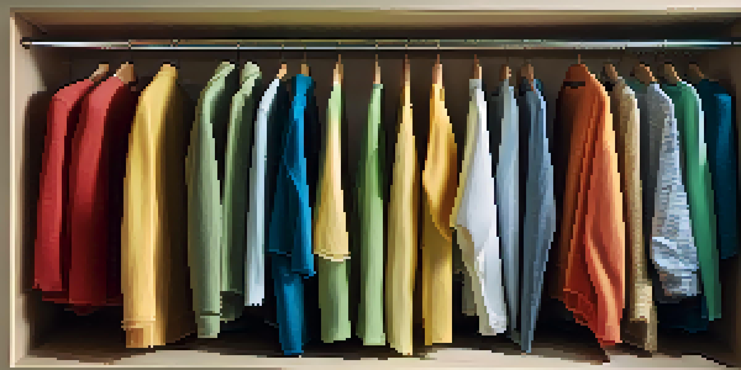 A close-up of a colorful wardrobe filled with various clothing items, illuminated by natural light.