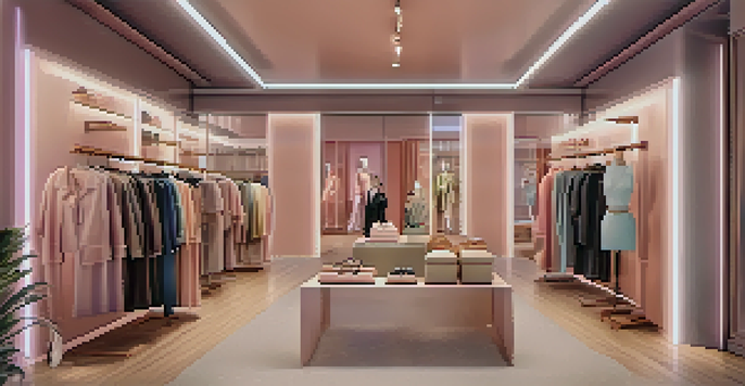 A stylish boutique with racks of clothing and a virtual fitting room, featuring warm lighting and pastel colors.