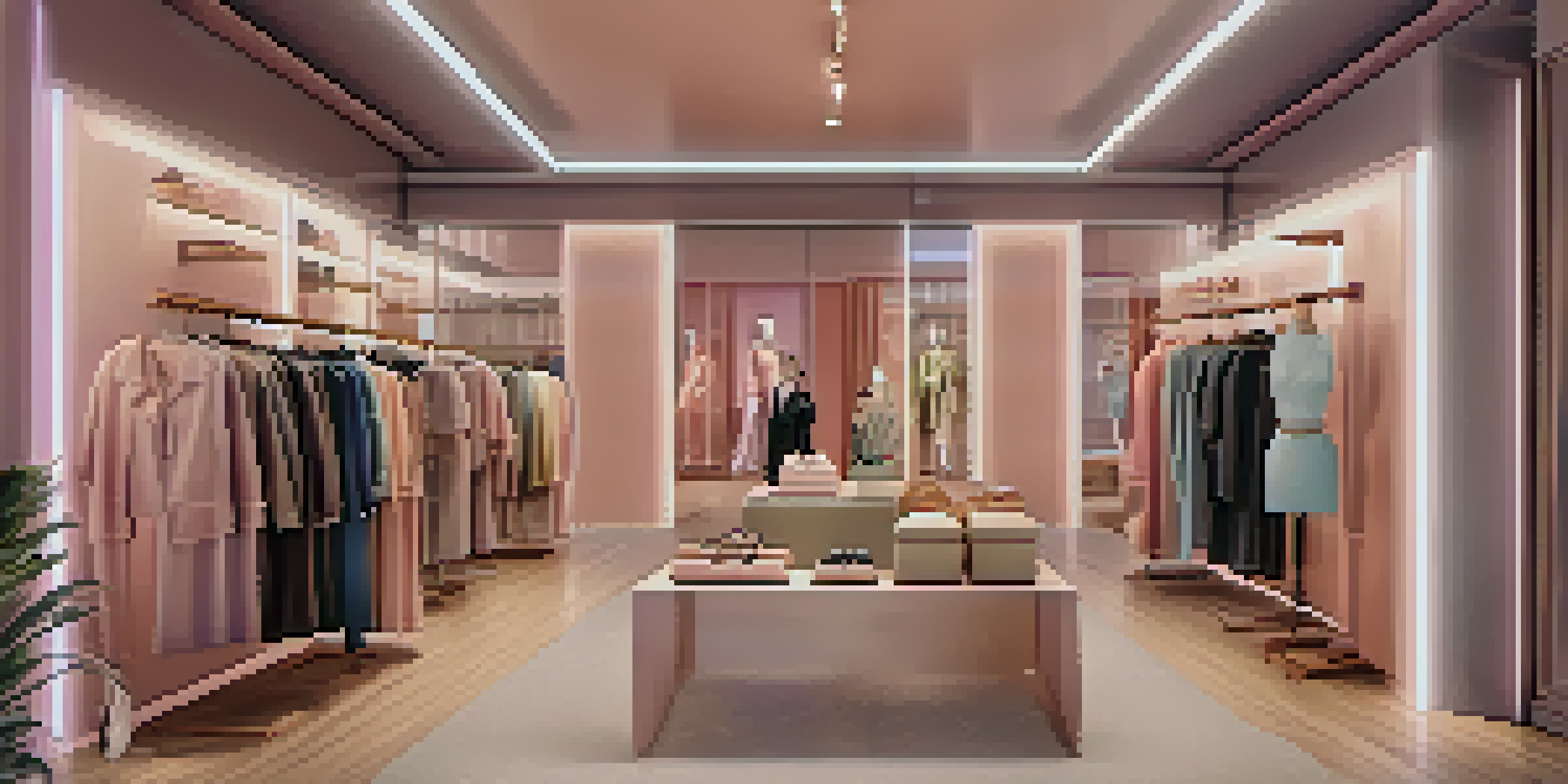A stylish boutique with racks of clothing and a virtual fitting room, featuring warm lighting and pastel colors.