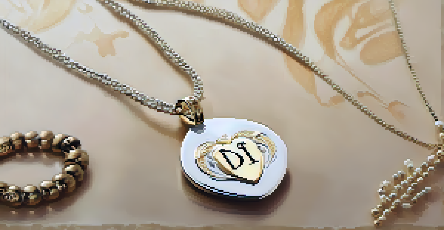 Close-up of personalized jewelry including a necklace with initials and an engraved bracelet.