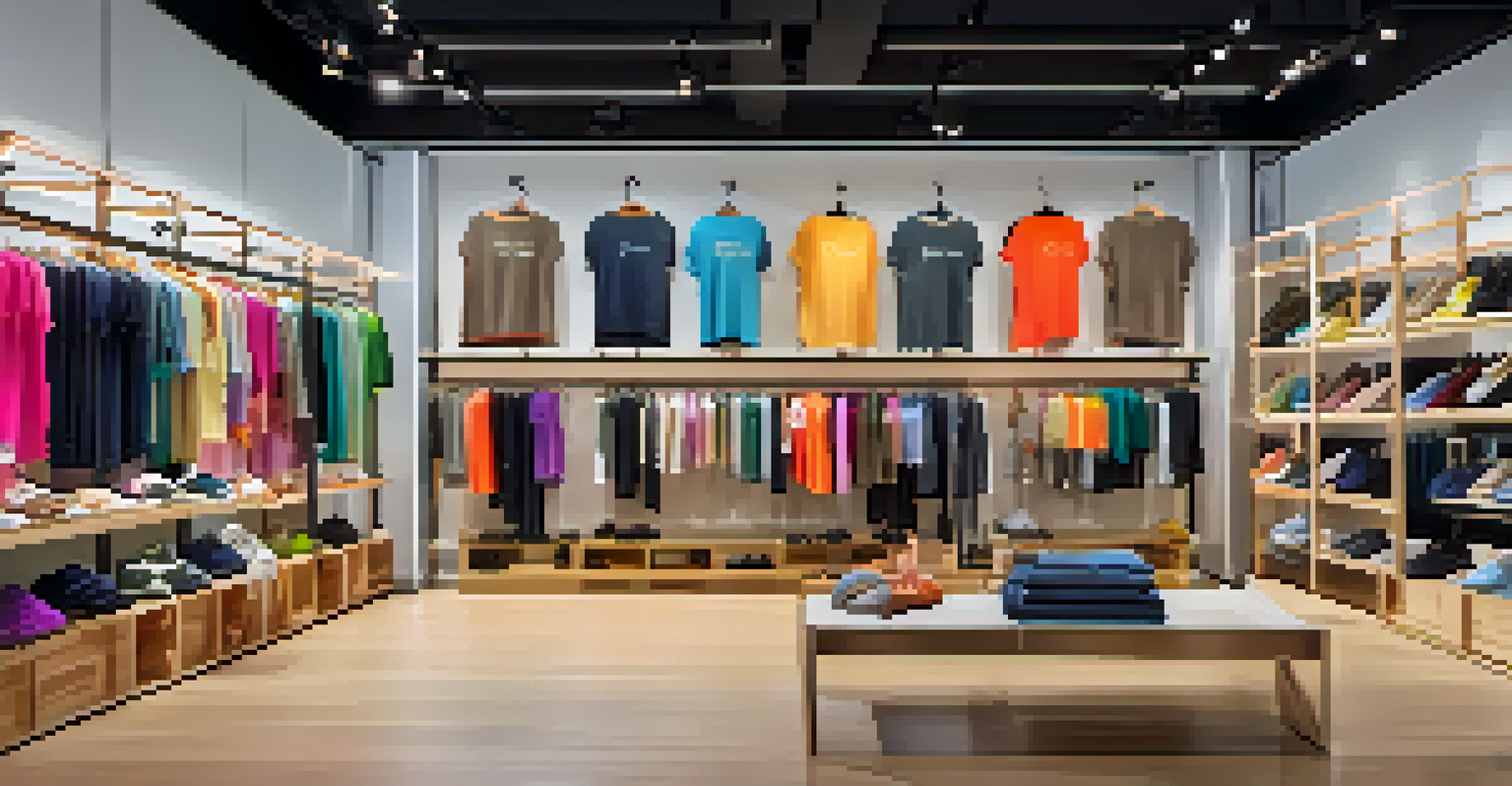 A bright and modern fashion retail store filled with various clothing styles including athleisure and sustainable fashion, with well-dressed mannequins and colorful displays.