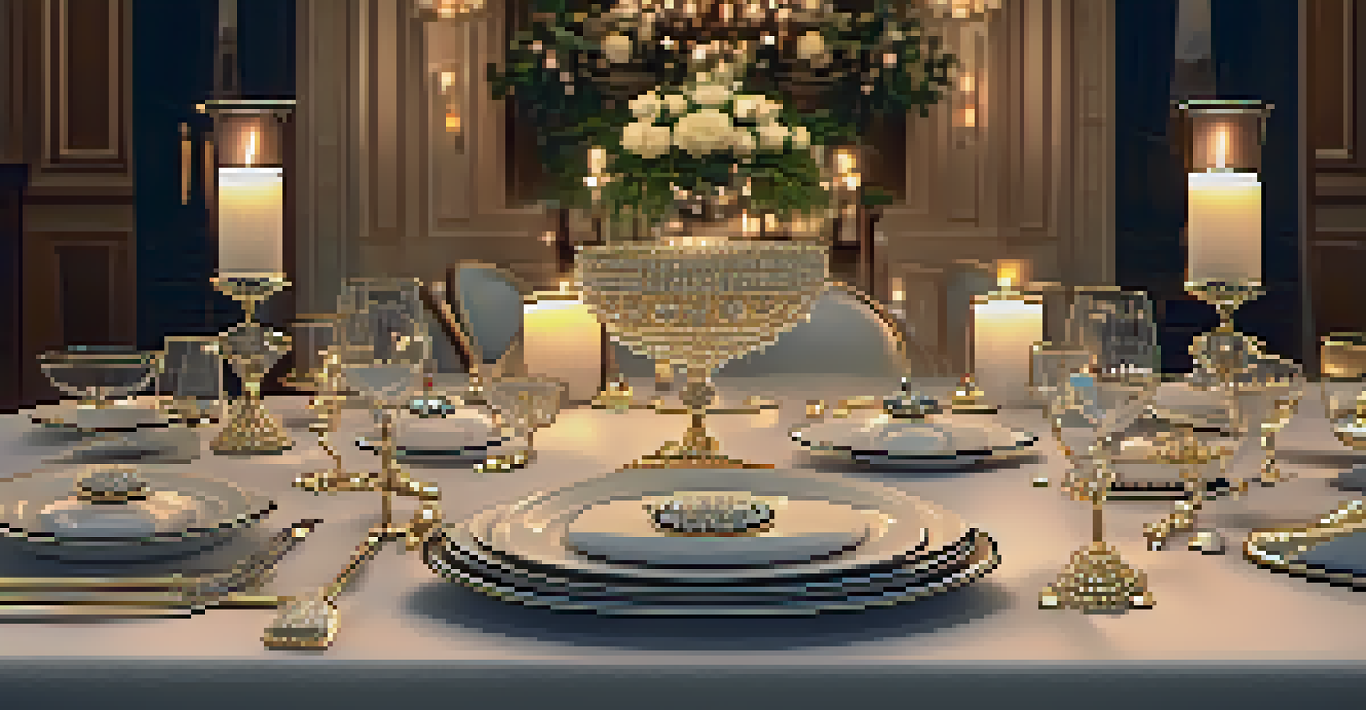 A formal dinner table set with elegant jewelry and a sophisticated clutch, illuminated by soft candlelight.