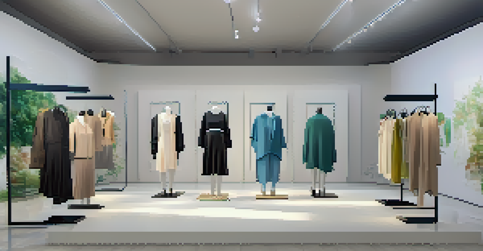 A virtual exhibition space displaying eco-friendly fashion designs, with interactive elements highlighting sustainable practices and a serene atmosphere.