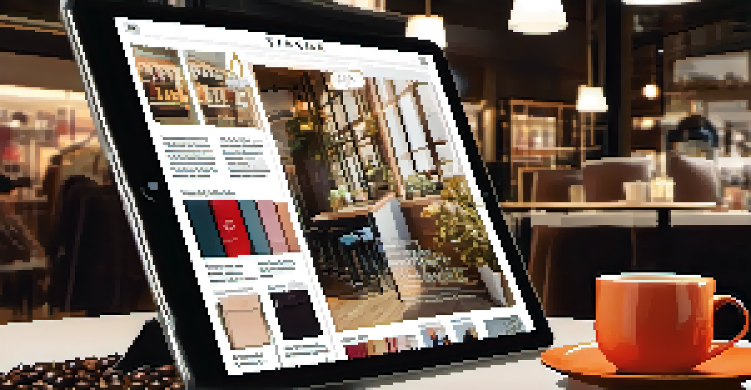 A digital magazine interface on a tablet in a café, showcasing a trendy fashion article with shoppable links and a stylish handbag in the foreground.