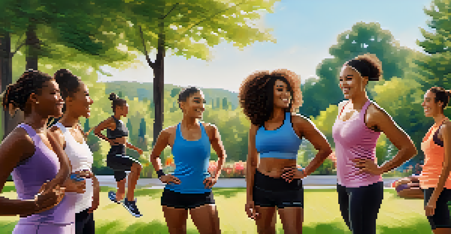 A diverse group of people in activewear participating in an outdoor fitness class, reflecting community and inclusivity.