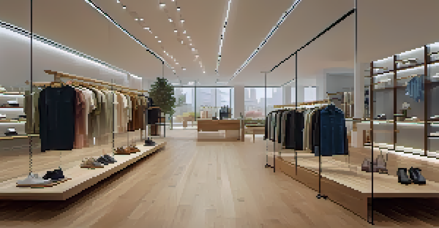 Interior of a modern fashion boutique with glass walls, showcasing ethically sourced clothing and a digital screen.