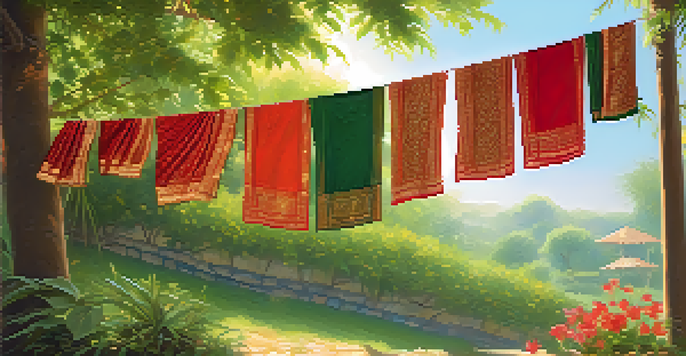A traditional Indian sari hanging on a clothesline in a lush green garden, illuminated by soft sunlight.