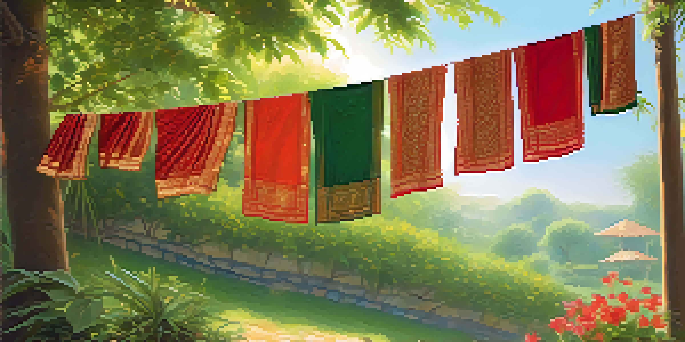 A traditional Indian sari hanging on a clothesline in a lush green garden, illuminated by soft sunlight.