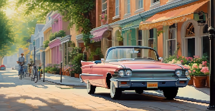 A classic vintage car parked on a cobblestone street, with pastel buildings and blooming flowers creating a nostalgic atmosphere.