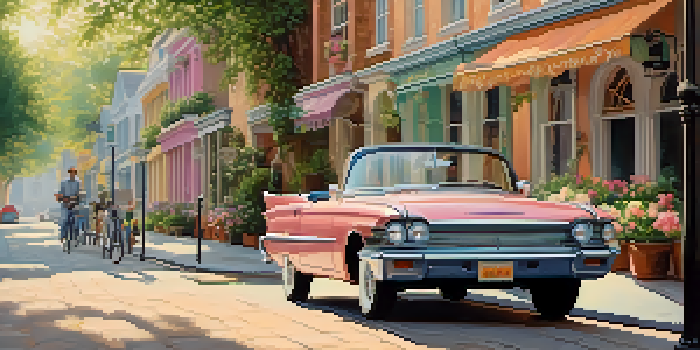 A classic vintage car parked on a cobblestone street, with pastel buildings and blooming flowers creating a nostalgic atmosphere.
