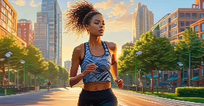A young woman jogging in a colorful athleisure outfit in a park, with a modern cityscape in the background during sunset.