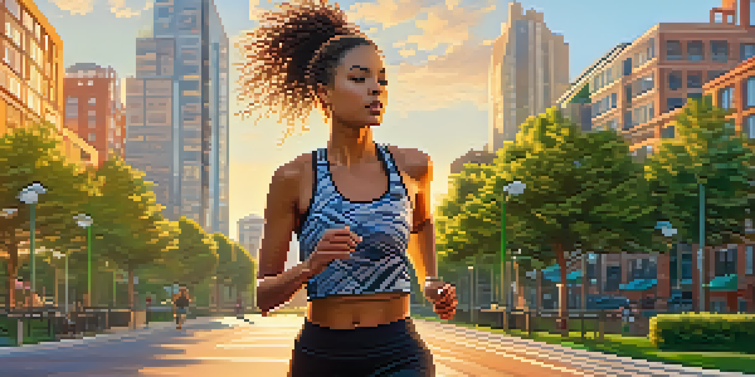 A young woman jogging in a colorful athleisure outfit in a park, with a modern cityscape in the background during sunset.