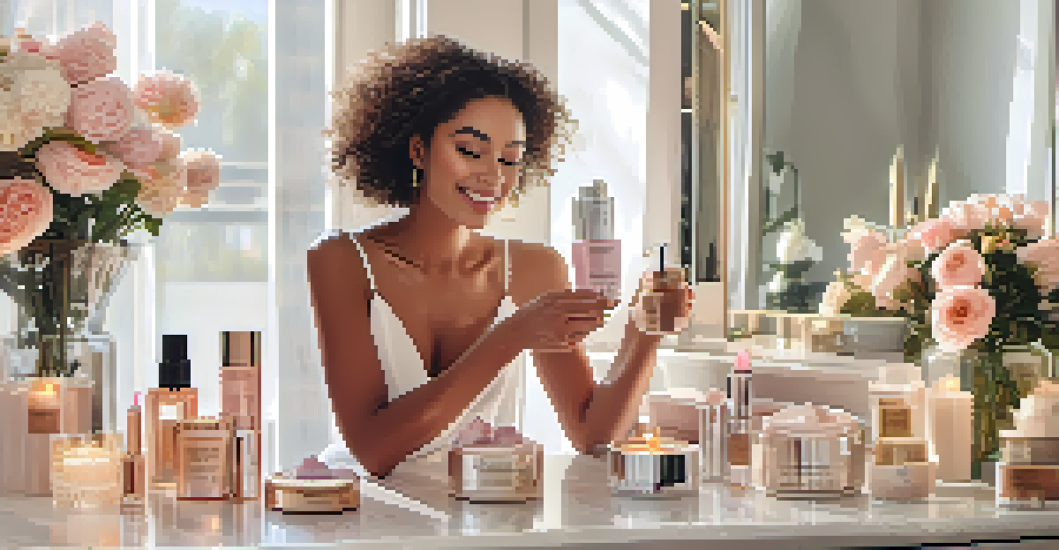 A beauty influencer at a stylish vanity, applying skincare products with a cheerful expression in a softly lit room.