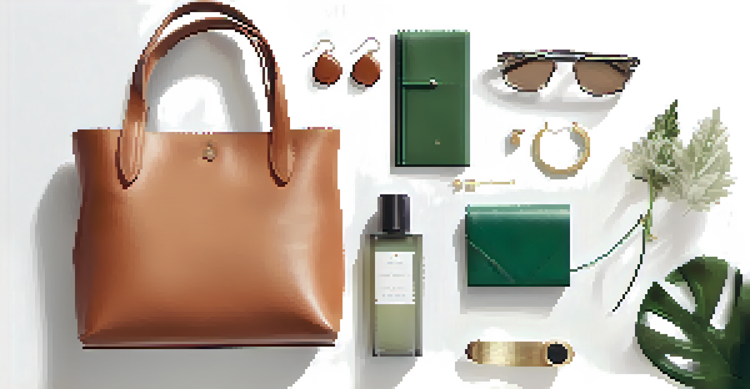 A flat lay image of minimalist accessories including a leather handbag, scarf, and earrings on a white background.