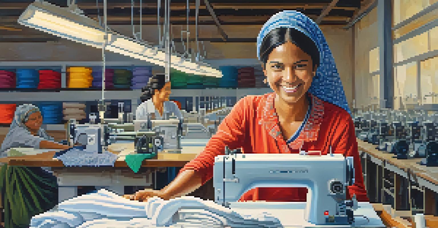 A garment worker in a workshop smiling while holding a finished garment, surrounded by sewing machines and fabrics.