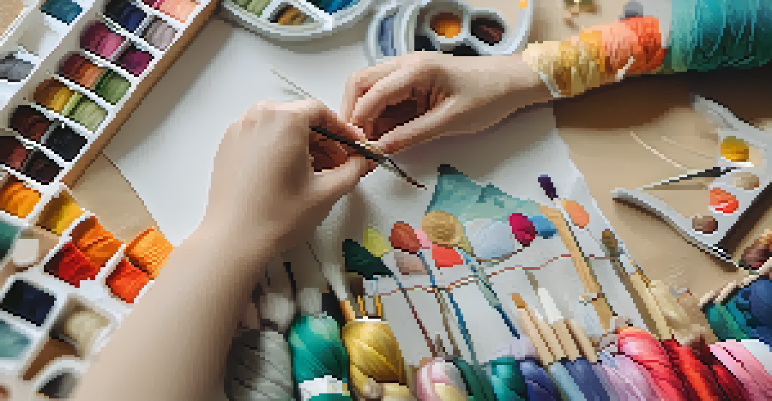 A close-up of hands decorating a thrifted outfit with fabric paint and embellishments in a cozy workspace.