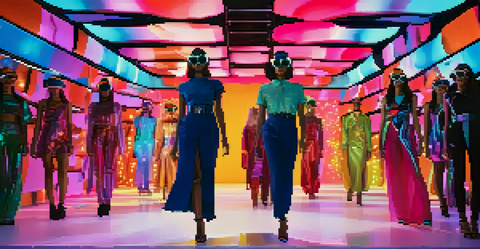 A virtual reality fashion show featuring diverse models on a digital runway, with an audience wearing VR headsets.