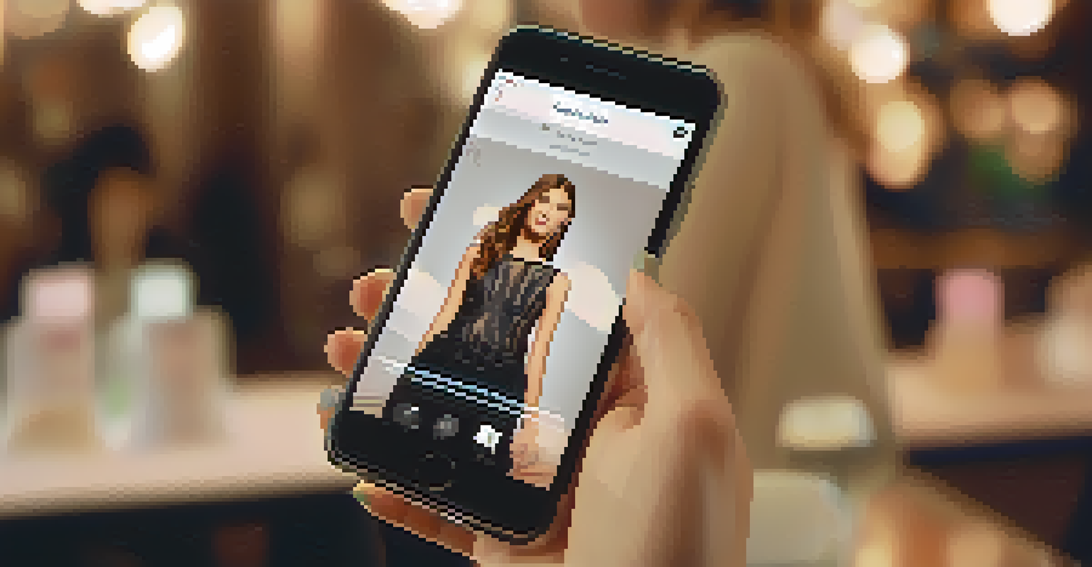 A close-up of a hand holding a smartphone displaying a fashion app with a model in stylish clothing.
