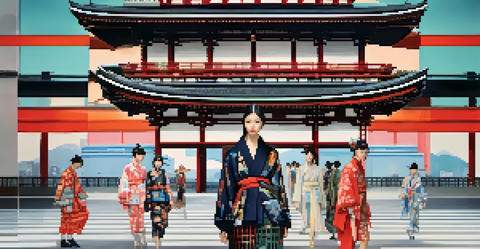 A model showcasing a fusion of traditional and modern fashion on the runway at Tokyo Fashion Week.