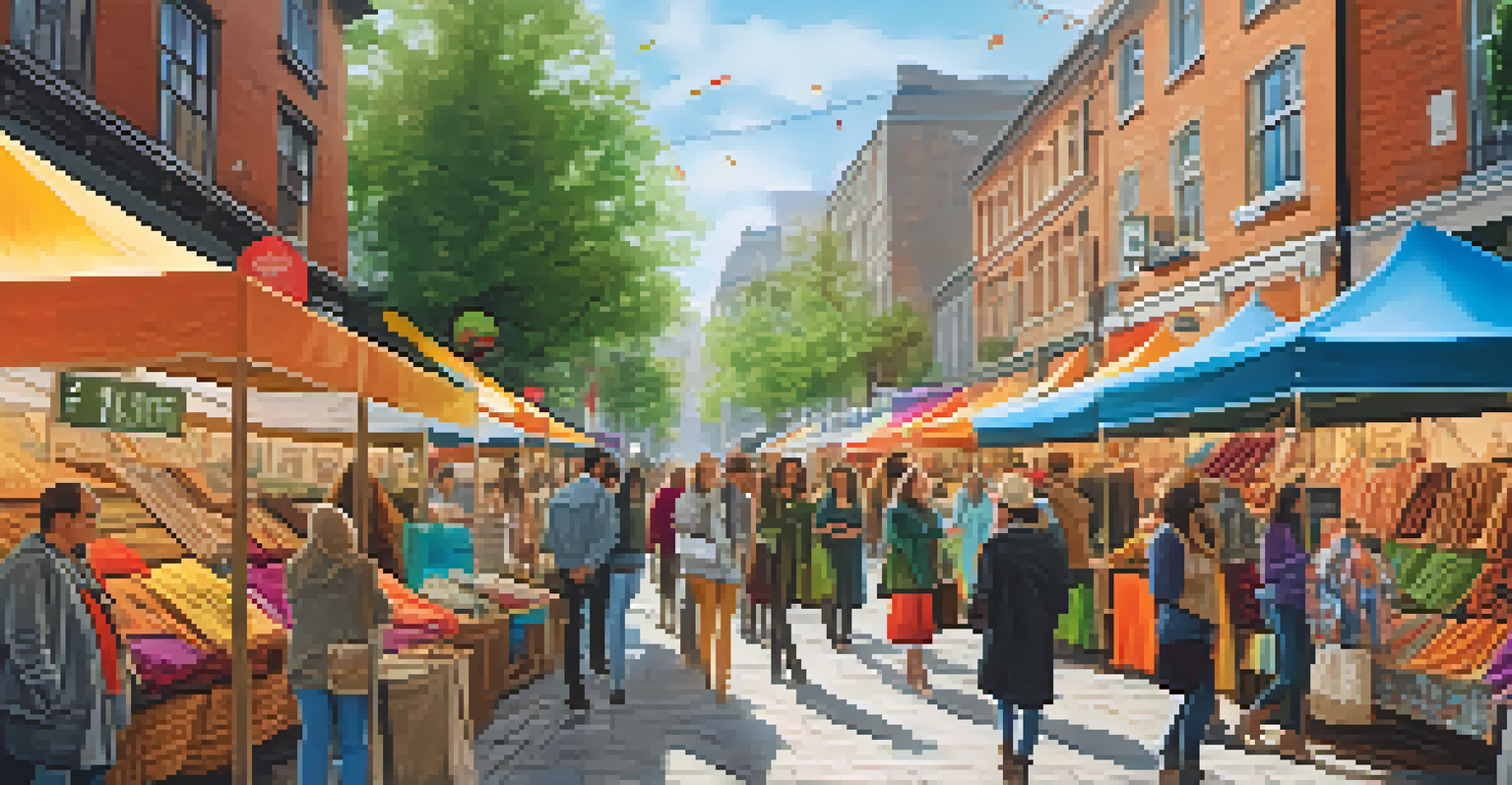 A lively market scene with shoppers exploring a stall offering Fair Trade clothing, decorated with banners about sustainable practices.