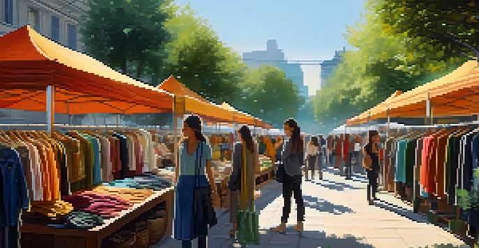 A lively outdoor market scene with diverse people browsing eco-friendly clothing stalls, showcasing vibrant colors and sunlight filtering through trees.