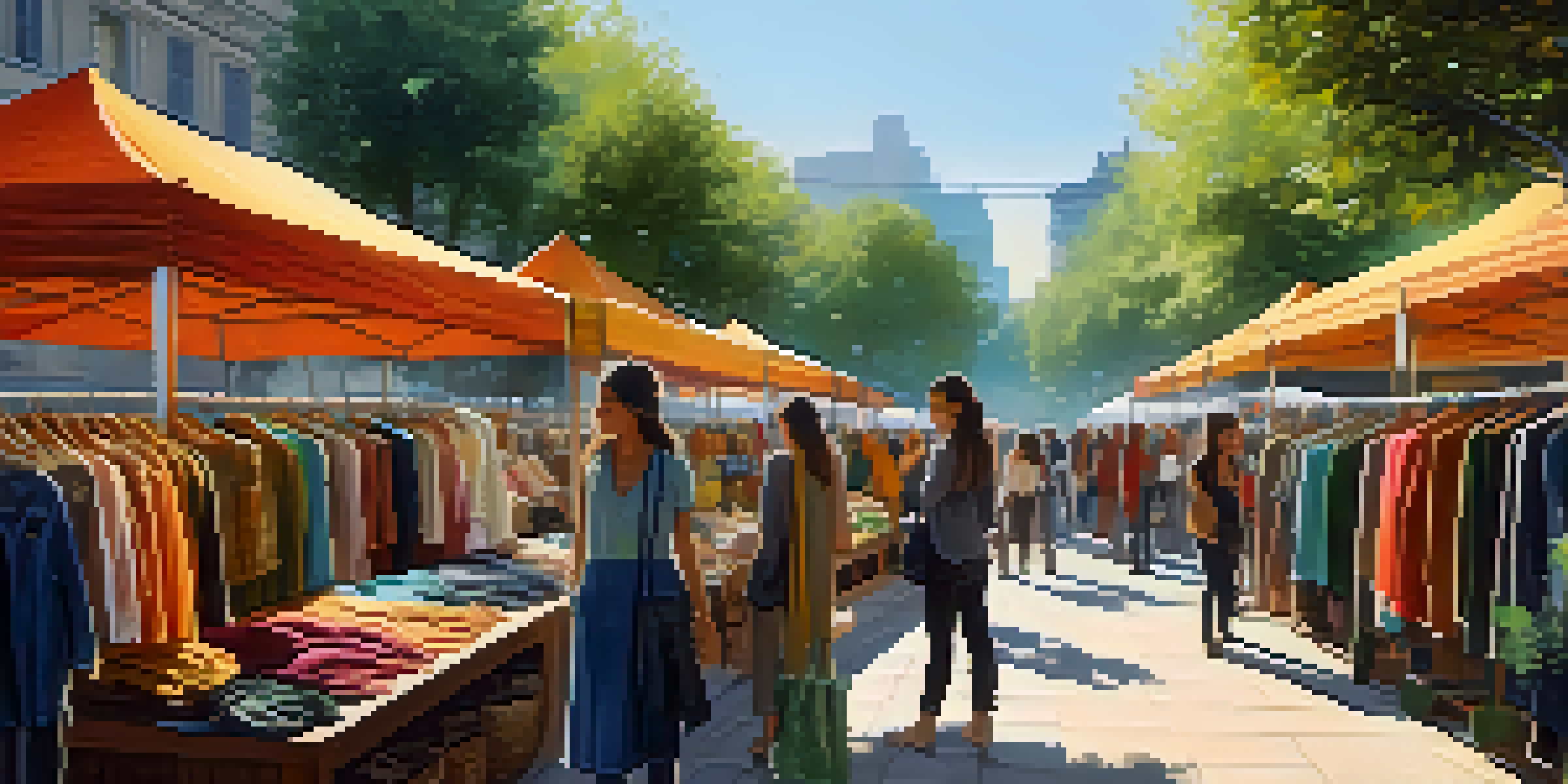 A lively outdoor market scene with diverse people browsing eco-friendly clothing stalls, showcasing vibrant colors and sunlight filtering through trees.