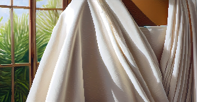 A close-up of a luxurious organic cotton garment on a wooden mannequin, illuminated by soft sunlight with greenery in the background.
