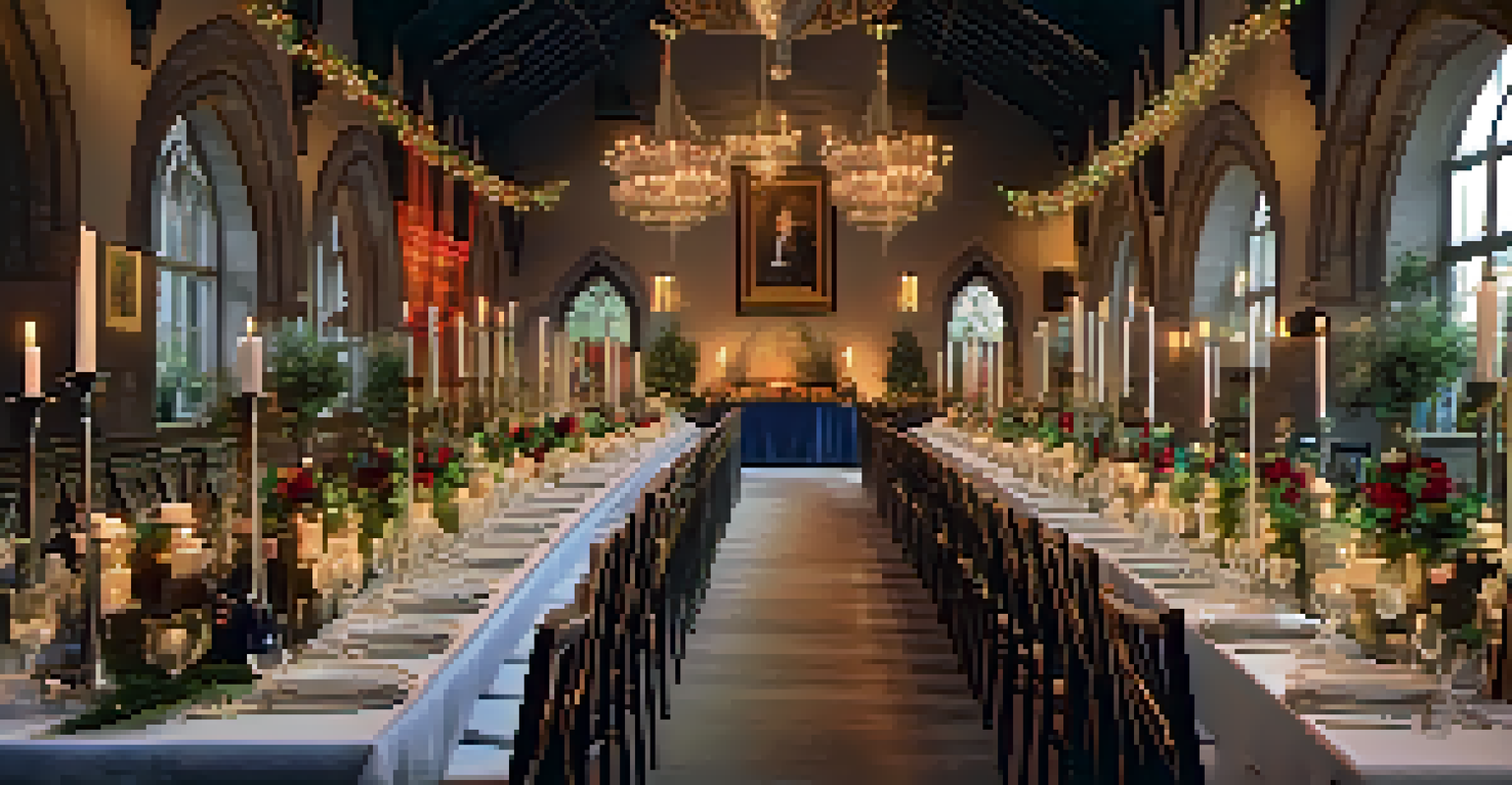 A festive table setting for a Scottish wedding, adorned with tartan runners and floral arrangements, with guests in traditional attire.
